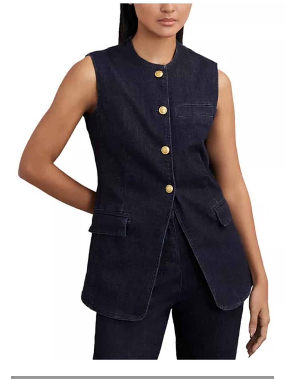 REISS Athe Denim Long Line Waistcoat Size 14